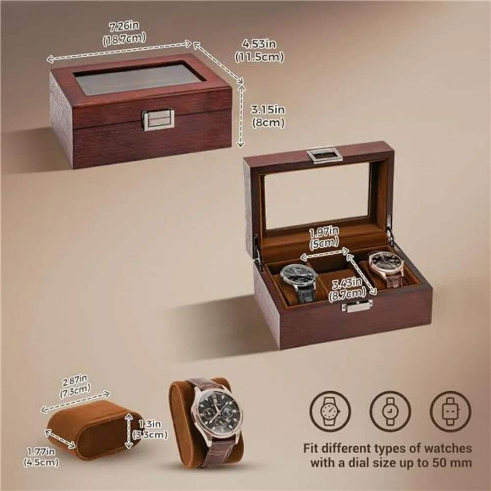 Wood Watch Box for Men 3 Slot Display Case with Glass Lid Organizer Storage